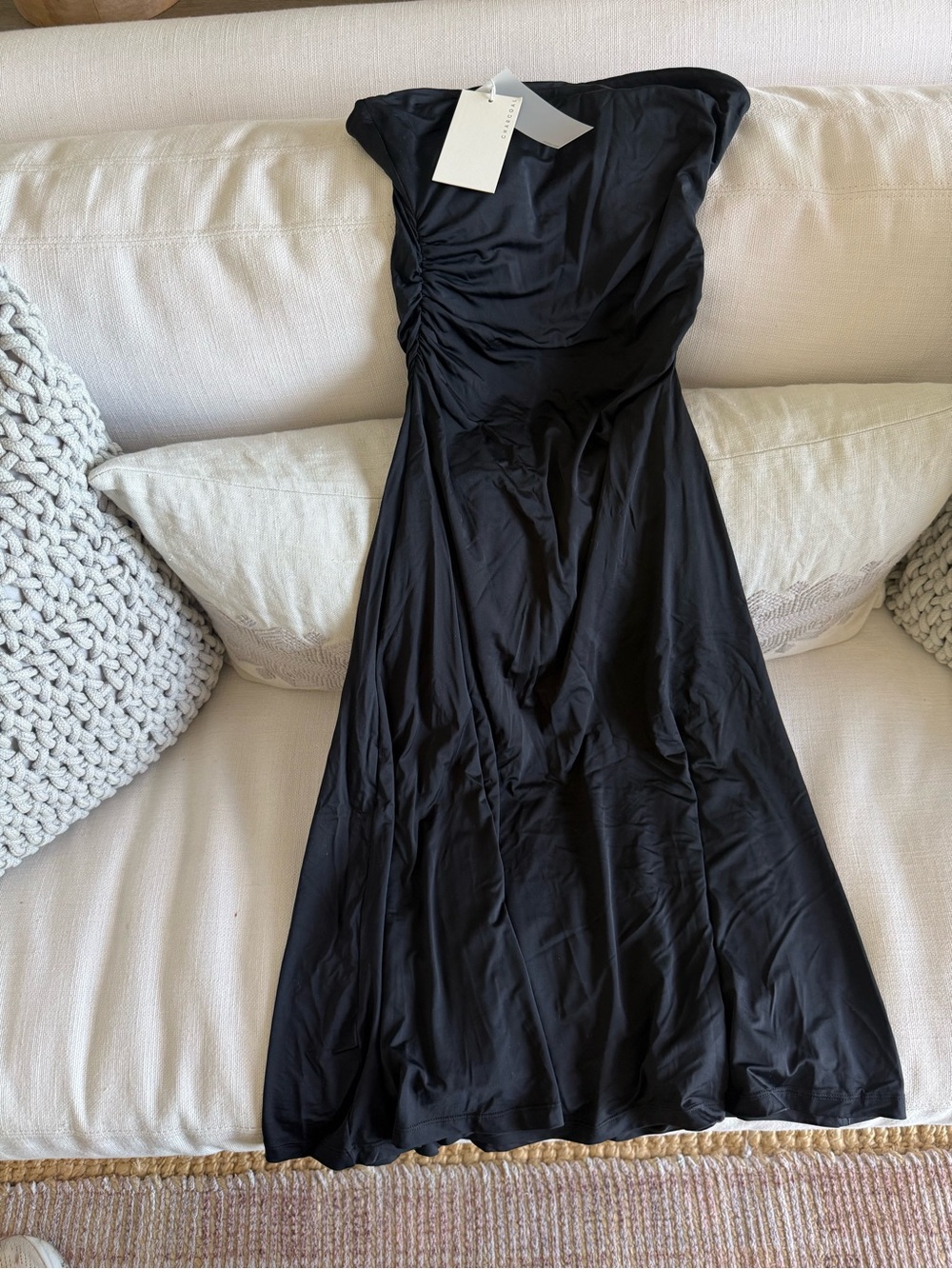 Classic Strapless Black Ruched Midi Dress